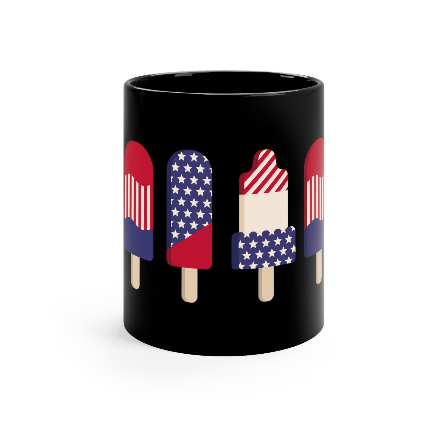 Patriotic American USA Popsicles Wrap Around Graphics On Black glossy 11 Oz Mug Fourth of July Father's Day Veterans Home or Boat Party