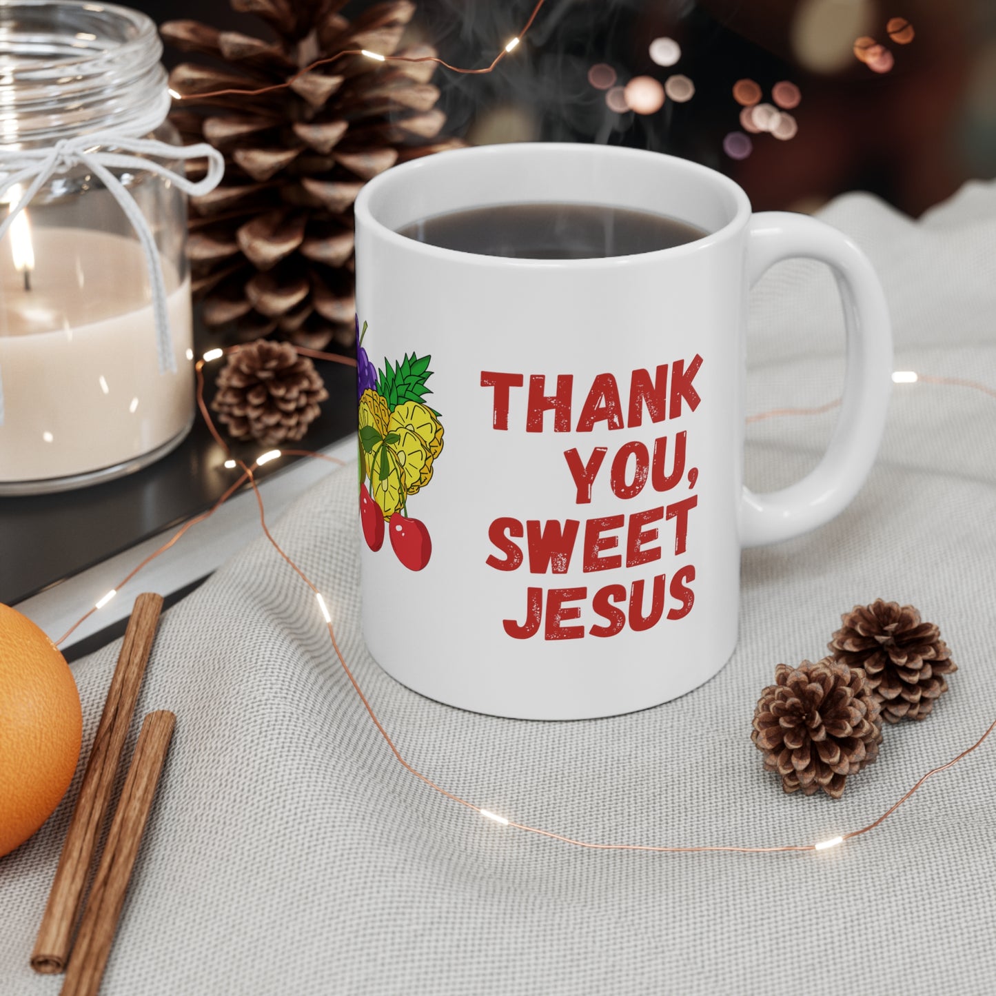 Christian Mug Thank you, Sweet Jesus, White Ceramic Mug 11oz Embellished With Colorful Fruit
