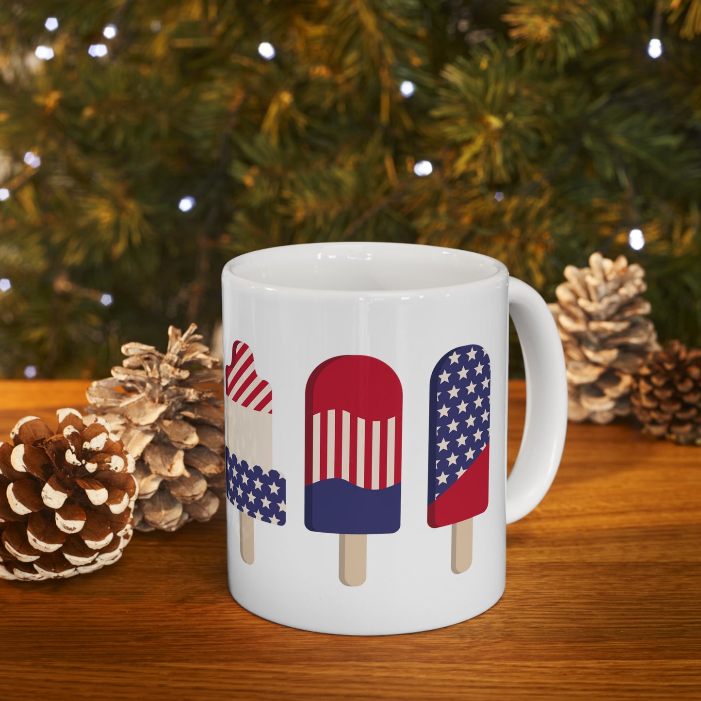 Patriotic American USA Red White Blue Popsicle Wrap-Around Graphics On White Glossy 11 Oz Mug Fourth of July Father's Day Veterans