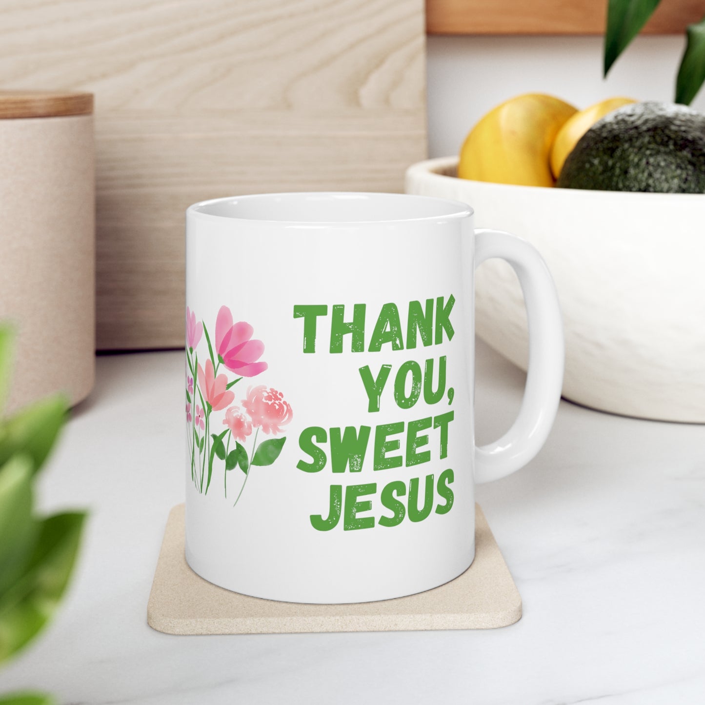 Christian Mug Thank you, Sweet Jesus, White Ceramic Mug 11oz Embellished With Pink Spring Flowers