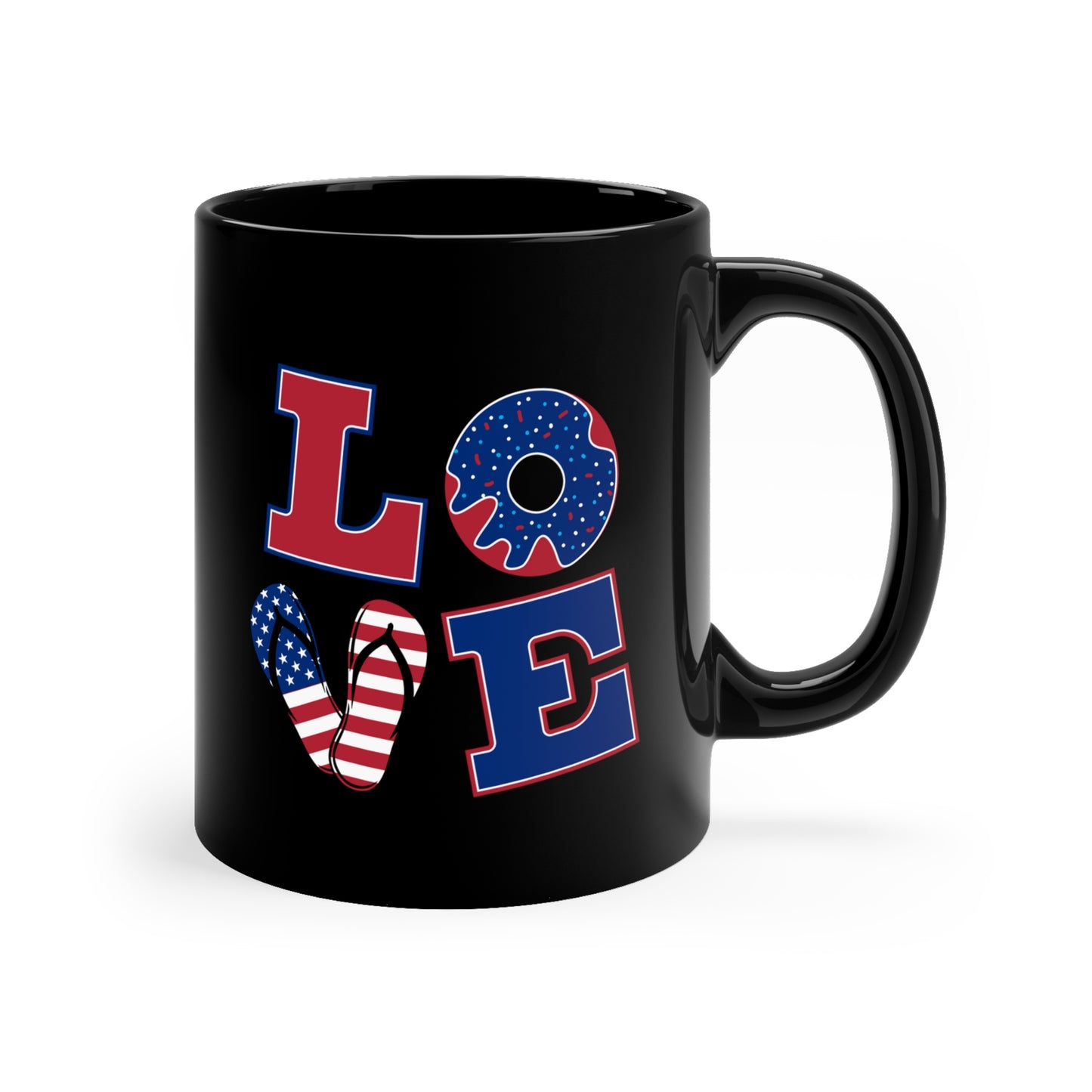 Patriotic American USA Love Wrap Around Graphics On Black glossy 11 Oz Mug Fourth of July Father's Day Veterans Home or Boat Party