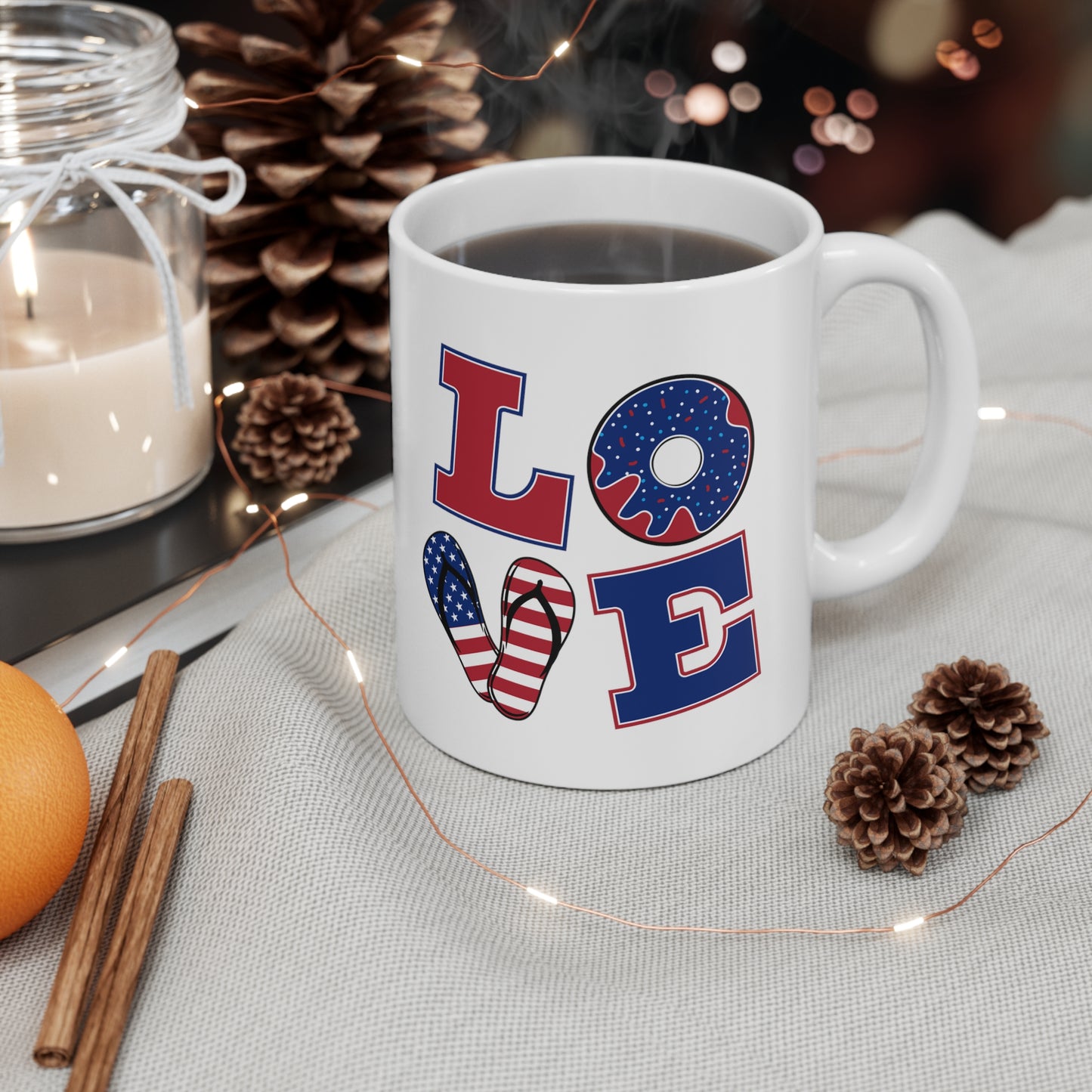 Patriotic American USA Red White Blue Love Wrap-Around Graphics On White Glossy 11 Oz Mug Fourth of July Father's Day Veterans