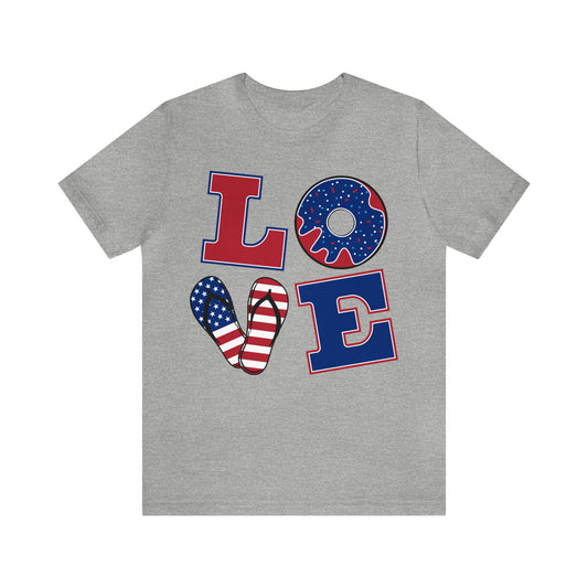 Patriotic T-shirt the Word Love in Bold Red White and Blue Unisex Jersey Short Sleeve Tee