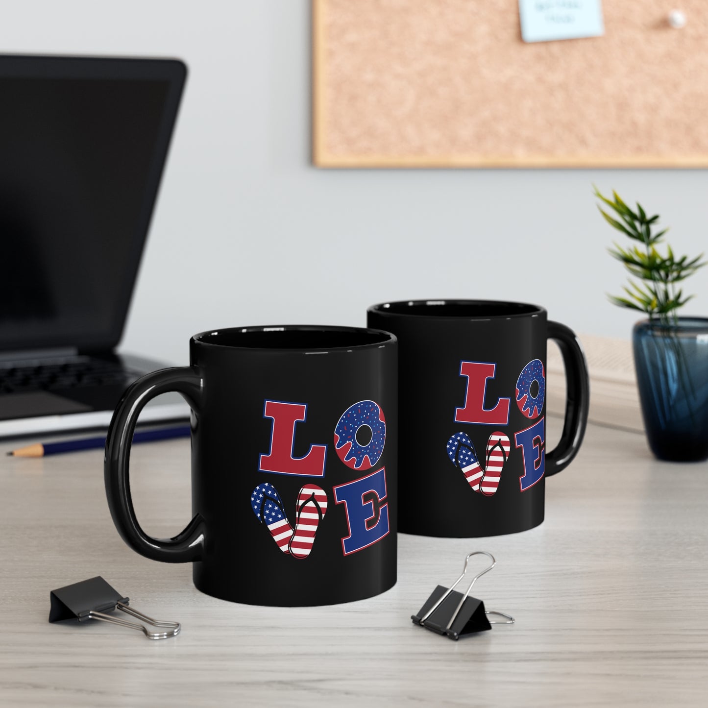 Patriotic American USA Love Wrap Around Graphics On Black glossy 11 Oz Mug Fourth of July Father's Day Veterans Home or Boat Party