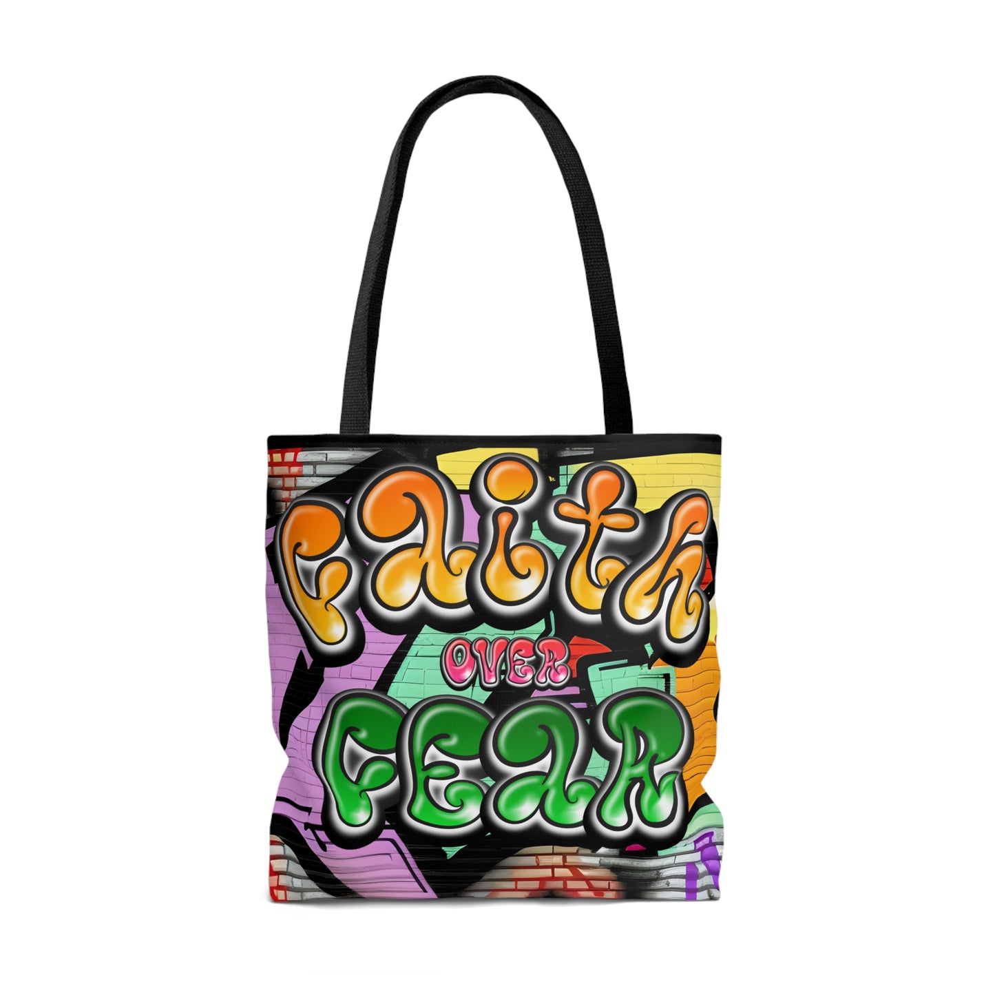 Christian Message Tote All-Over Print Graffiti Style Art Work In Three Sizes Faith Over Fear