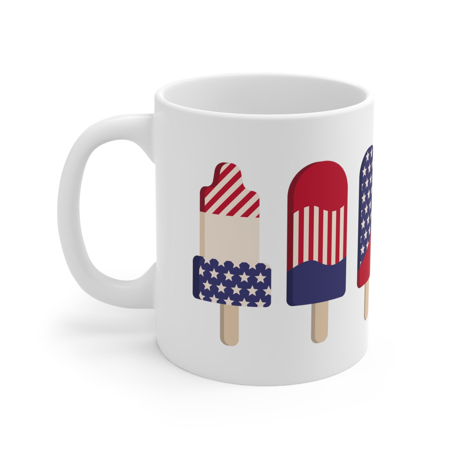 Patriotic American USA Red White Blue Popsicle Wrap-Around Graphics On White Glossy 11 Oz Mug Fourth of July Father's Day Veterans