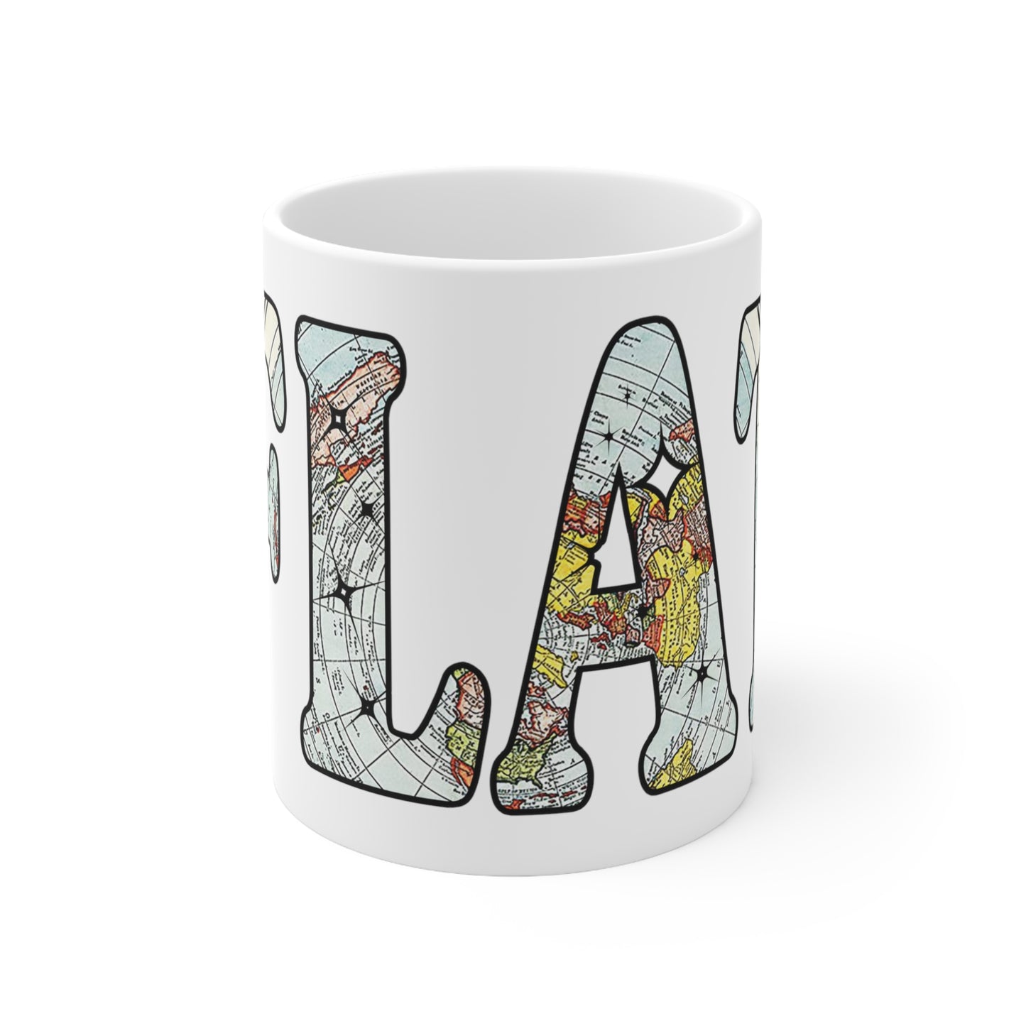 Flat Earth Mug Featuring the Word Flat Cut Out From the Gleason's Flat Earther's White Ceramic Mug 11oz