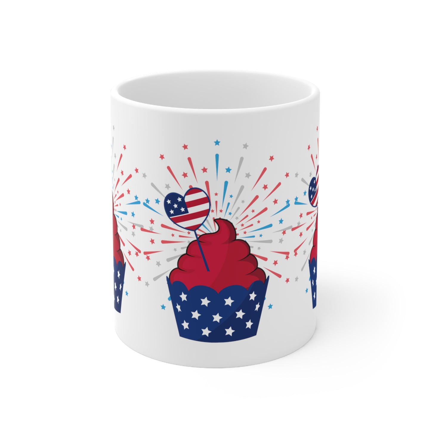 Patriotic American USA Celebration Cupcake Wrap-Around Graphics On White Glossy 11 Oz Mug Fourth of July Father's Day Veterans