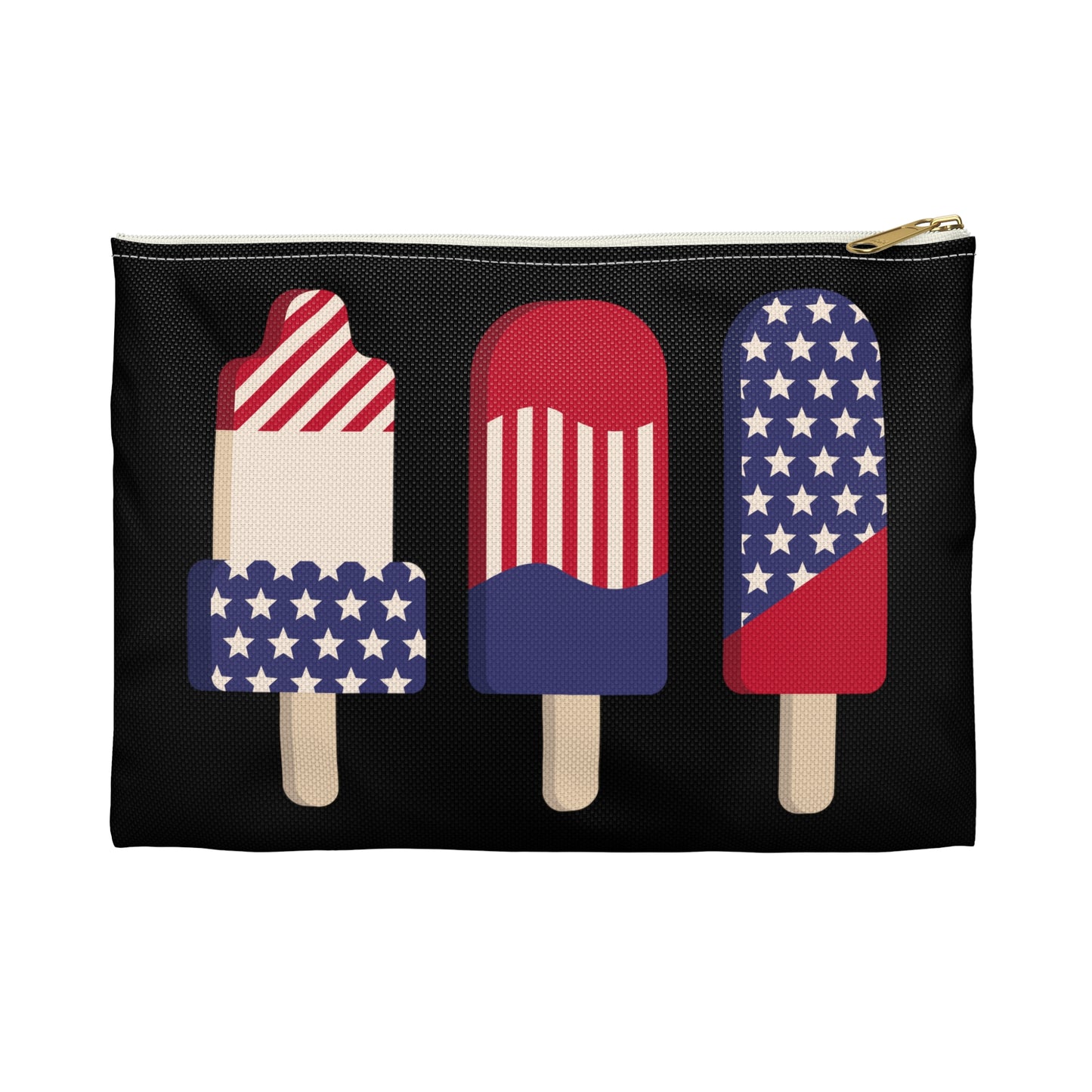 Patriotic American USA Popsicles Wrap-Around Graphics On Black Zipper Pouch Fourth of July Mother's Day Makeup Veterans