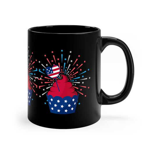 Patriotic American USA Sparkling Cup Cakes Wrap-Around Graphics On Black Glossy 11 Oz Mug Fourth of July Father's Day Veterans