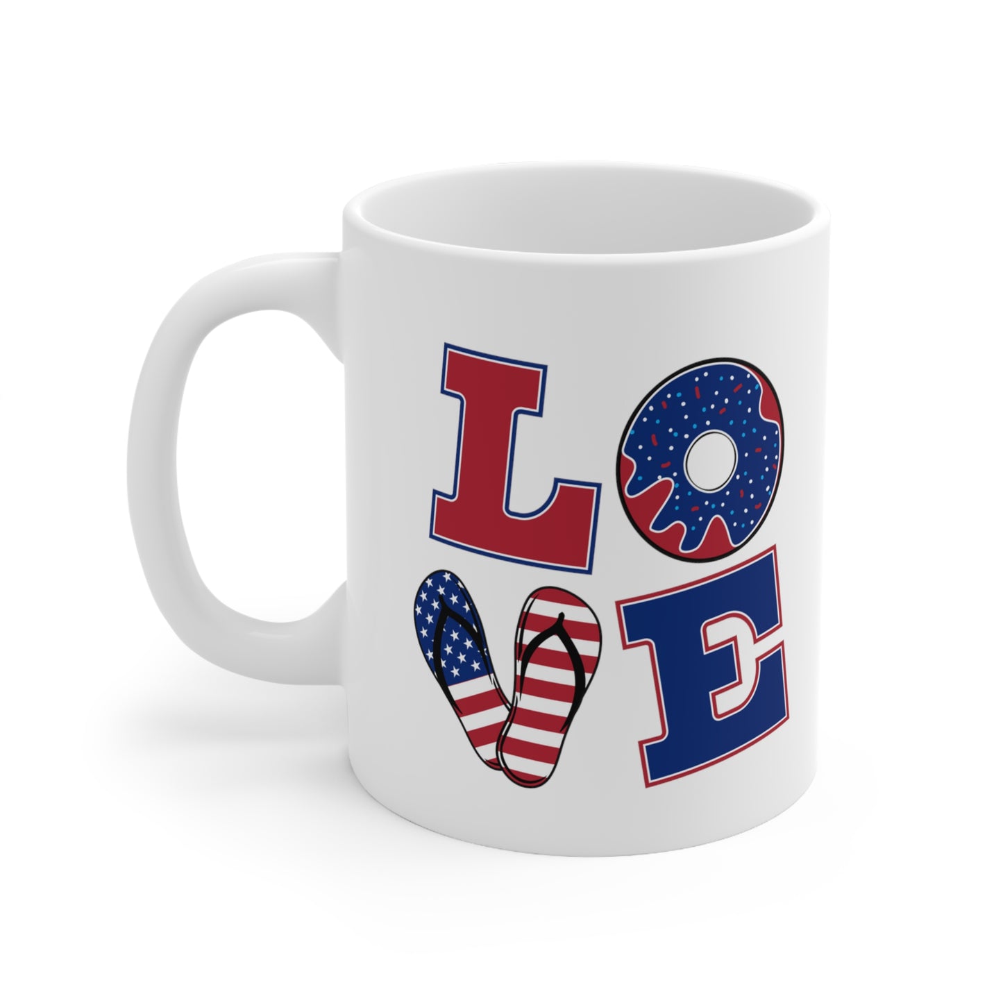 Patriotic American USA Red White Blue Love Wrap-Around Graphics On White Glossy 11 Oz Mug Fourth of July Father's Day Veterans