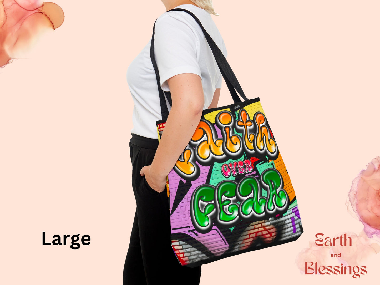 Christian Message Tote All-Over Print Graffiti Style Art Work In Three Sizes Faith Over Fear